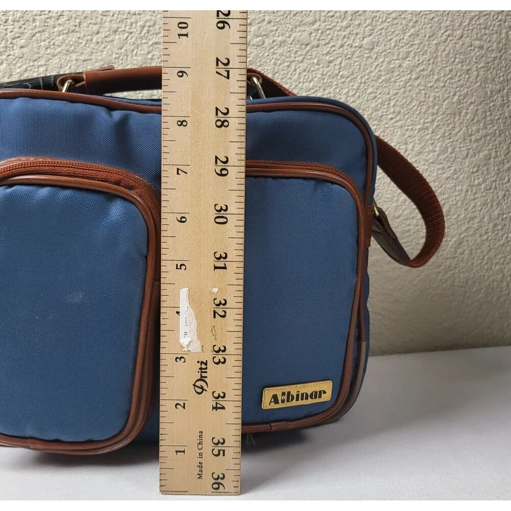 Vtg Albinar Leather/Canvas Camera Bag 4 Zip Pockets Shoulder Strap Blue/Brown